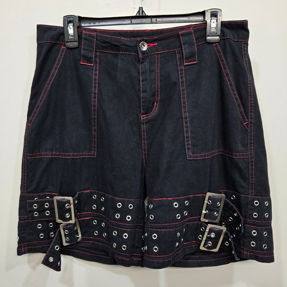 Hot Topic Double Belt Carpenter Shorts Size 7 Black Red Grommet Buckle Goth Punk